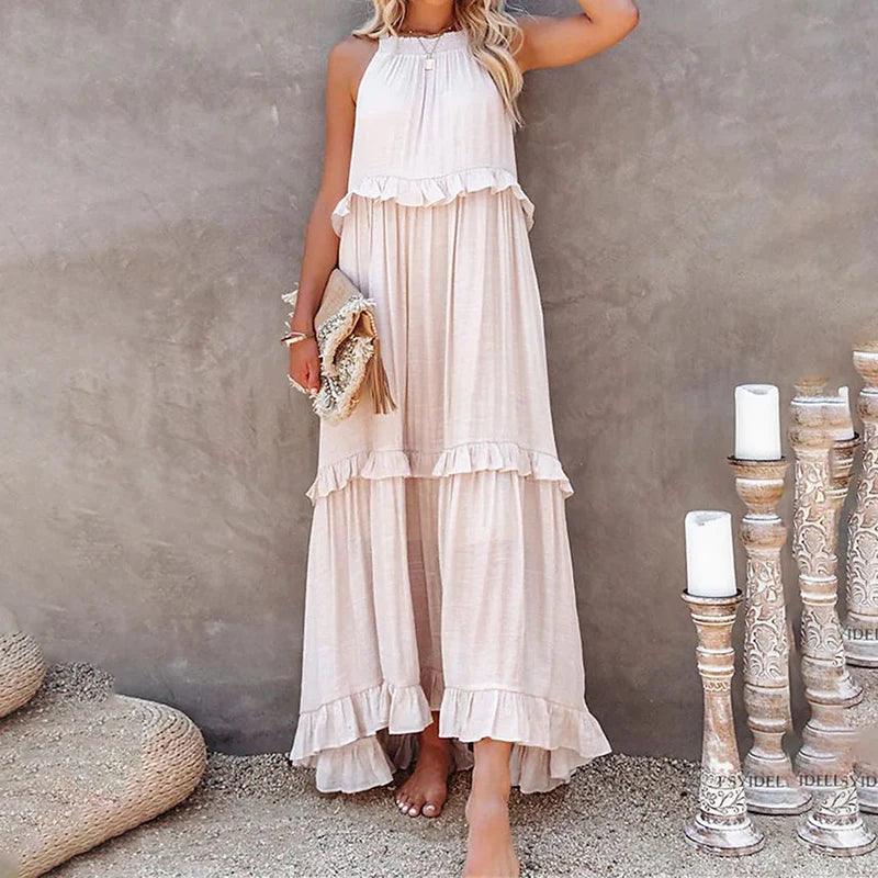 Women Casual Solid Ruffles Long Dress - Empire P.E