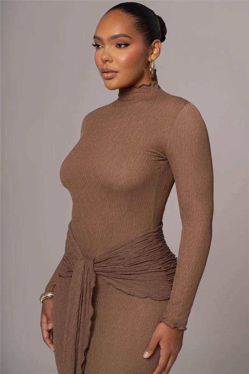 Mozision Elegant Long Sleeve Sexy Maxi Dress For Women Gown Fashion Drape Turtleneck Ruched Bodycon Club Party Long Dress - Empire P.E