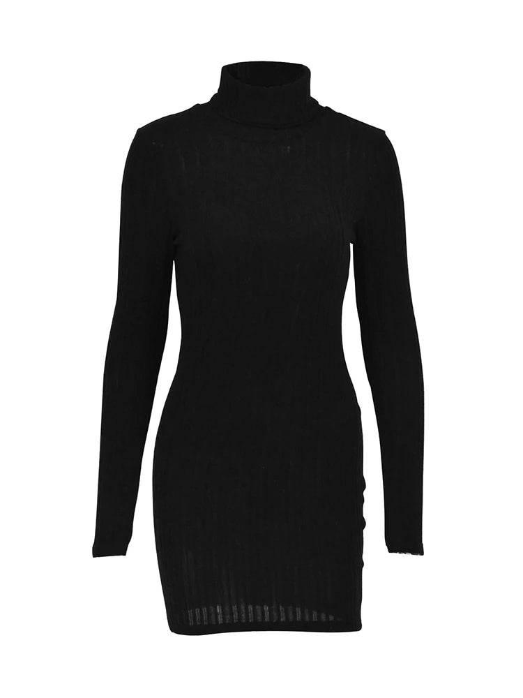 New Sexy Mini Dress For Women Autumn Black Solid Turtleneck Long Sleeves Sheath Dress Club Elegant Bodycon Party Dresses Female - Empire P.E