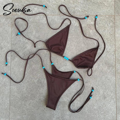 2025 New Sexy Low Waisted Bikini Set Micro Swimsuit Swimwear Women Strappy Solid Halter Thong Bathing Suits Beachwear biquini - Empire P.E