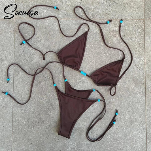 2025 New Sexy Low Waisted Bikini Set Micro Swimsuit Swimwear Women Strappy Solid Halter Thong Bathing Suits Beachwear biquini - Empire P.E