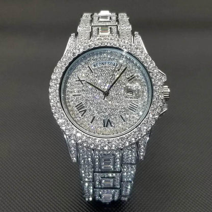 Luxury Shiny Diamond Watch For Men Hip Hop Trendy Iced Out Quartz Watches High Quality Stainless Steel Waterproof Day Date Clock - Empire P.E