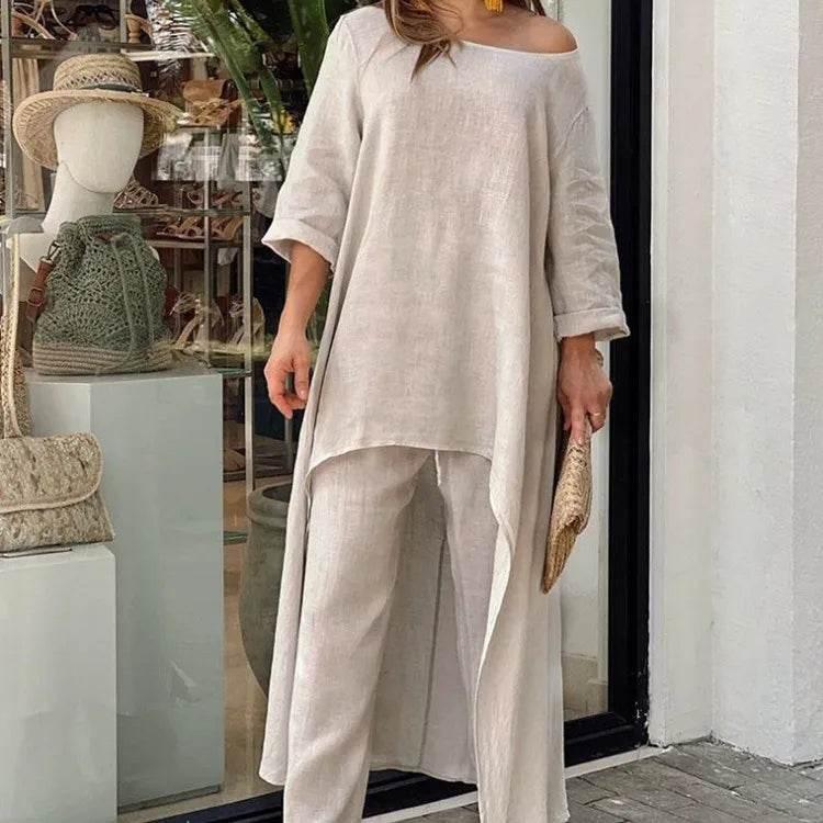 Women's Cotton Linen Long Pants Sets Fashion Solid Casual Irregular Tops Wide Leg Pant Suits Office Lady Two Piece Sets Clothes - Empire P.E