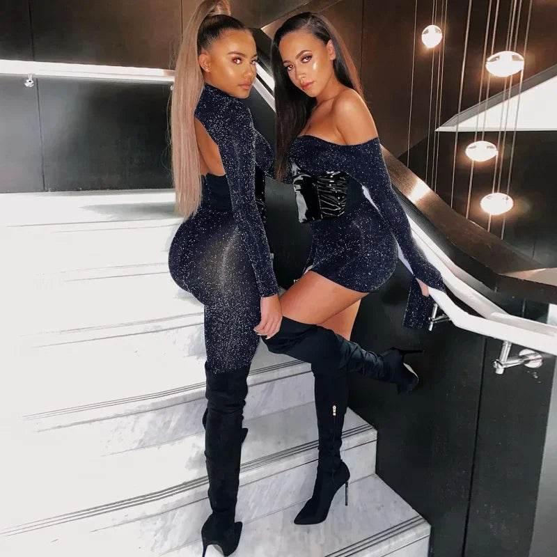 Sequins Silk Jumpsuits With Headwear 2024 Autumn Women Sexy Turtleneck Backless Long Sleeve Skinny Overalls Party Club Rompers - Empire P.E