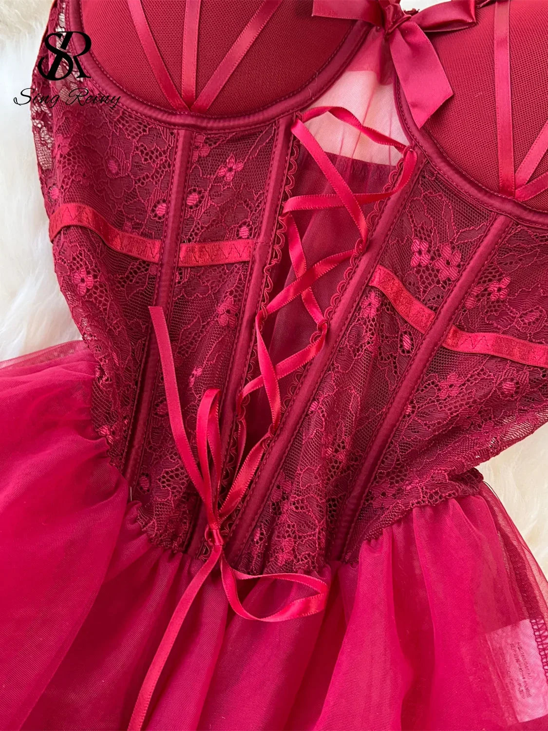 Christmas Sexy Pajamas Lace Splice Mesh - Empire P.E
