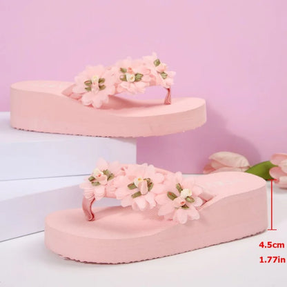 Women's Mid Heel Platform Flower Flip Flops