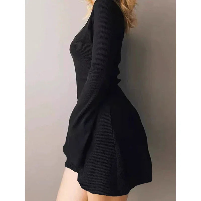 Elegant And Pretty Women Dresses Autumn Winter New Black Sexy Short Dress Female V Neck Long Sleeve Slim Solid Color Mini Dress - Empire P.E