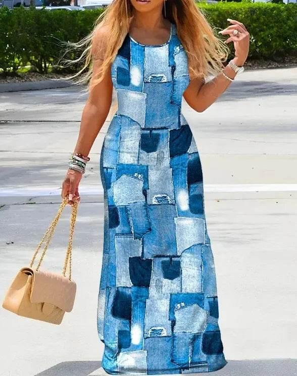 Women New Dress Denim Look Print U-Neck Maxi Dress Leisure Slit Slim Design Long Dress Fashion Solid Color Street Robe Dresses - Empire P.E