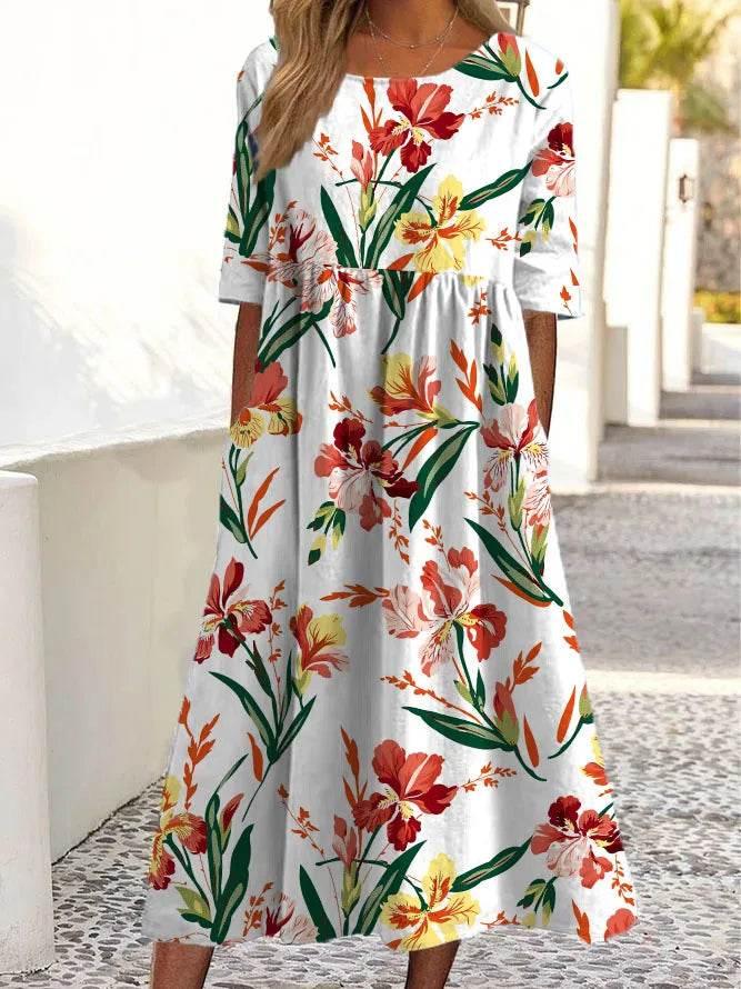 2024 women's fashion loose floral print round neck short sleeve pocket dress - Empire P.E