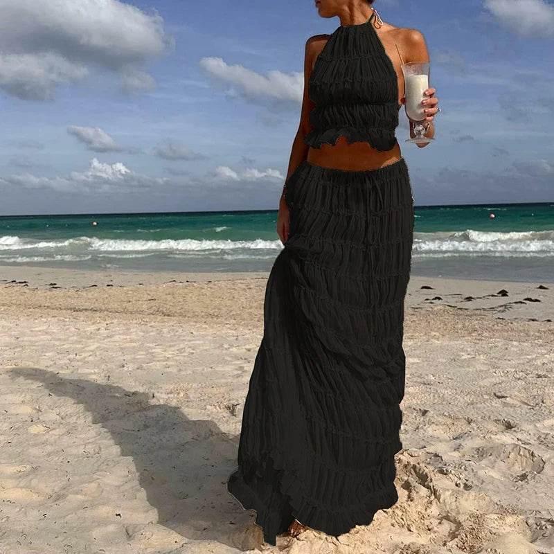 Women Boho Sexy Backless Matching Suit 2 Piece Beach Holiday Outfits Vintage Ruched Halter Cami Tops + Maxi Long Skirt Party - Empire P.E