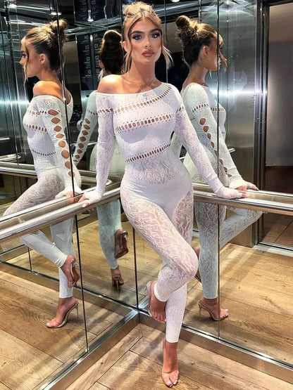 Sibybo Off Shoulder Long Sleeve Jumpsuits Women Fashion Rhinestones High Stretch Hollow Out Sexy Overalls Sparkly Party Rompers - Empire P.E