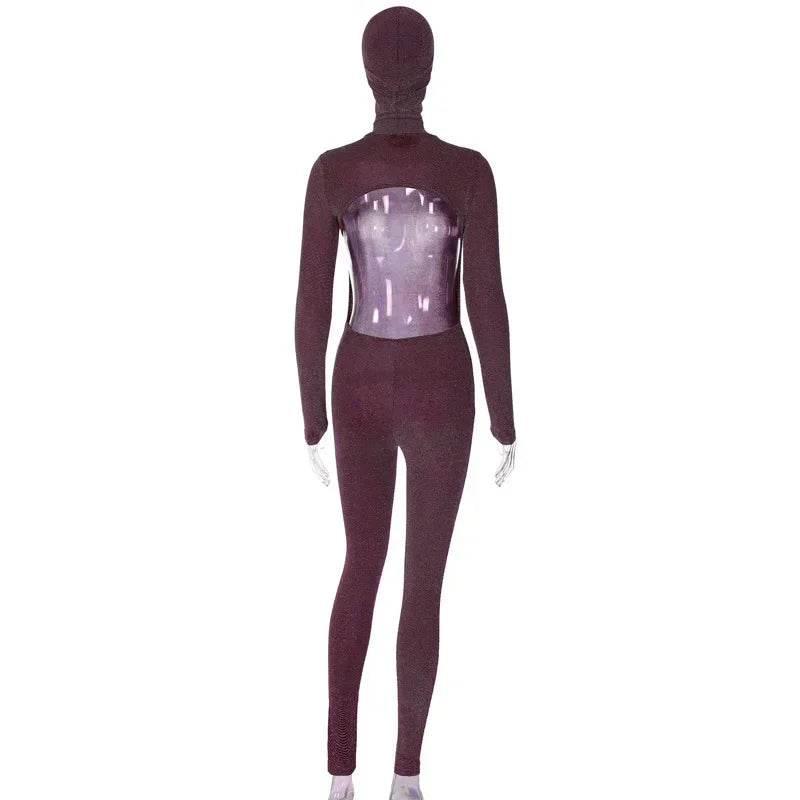 Sequins Silk Jumpsuits With Headwear 2024 Autumn Women Sexy Turtleneck Backless Long Sleeve Skinny Overalls Party Club Rompers - Empire P.E