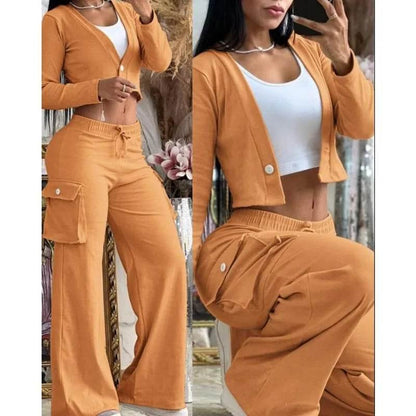 Spring Autumn Solid Slim Suit Women Long Sleeve Single Button V-neck Short Coat Drawstring Mid Waist Pocket Wide-Leg Pants Suit - Empire P.E