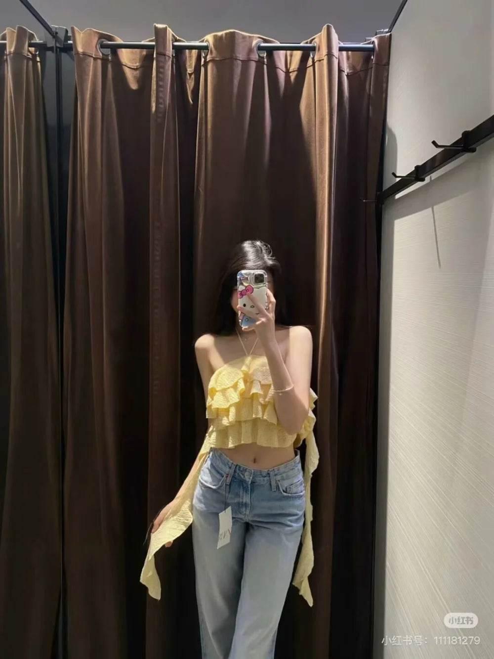 Textured halter crop top with ruffles Women's short yellow sleeveless top with sexy streamers for summer 2024 traf - Empire P.E