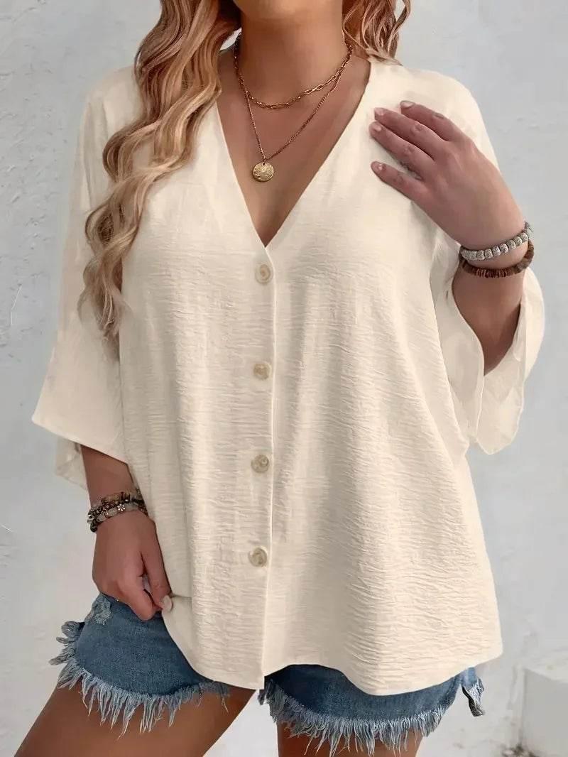 Women's Plus-size T-shirt Solid Color Breathable Spring/summer V-neck Button Travel Casual Wear with European and American Style - Empire P.E