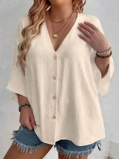 Women's Plus-size T-shirt Solid Color Breathable Spring/summer V-neck Button Travel Casual Wear with European and American Style - Empire P.E
