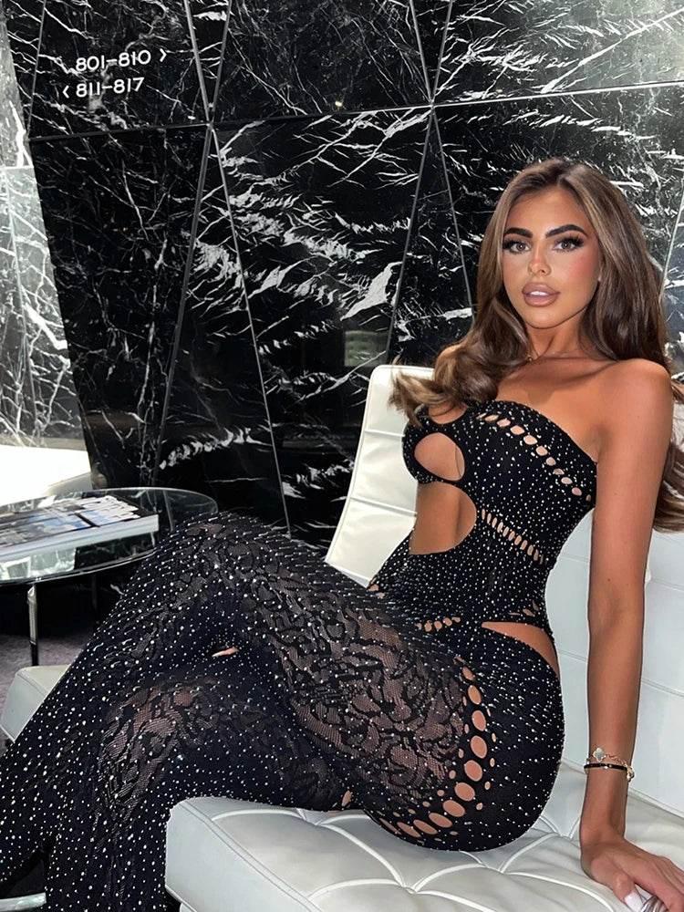 Sibybo Sexy Single Rotator Cuff Hollow Out High Elastic Jumpsuit Luminous Rhinestones Solid Color Trousers Spicy Girl Streetwear - Empire P.E