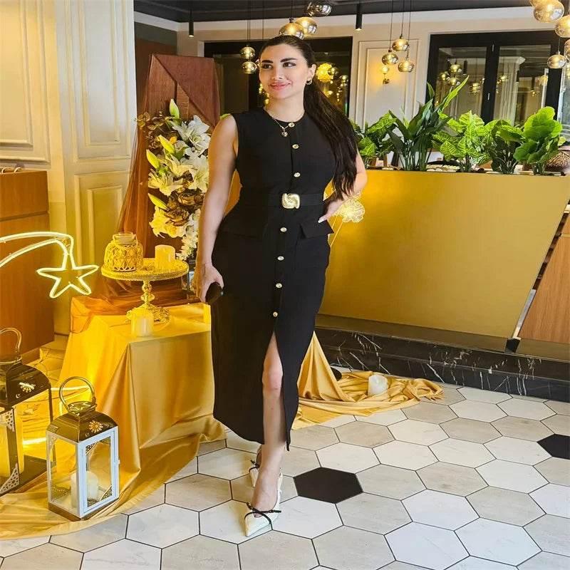 Black Long Dress Women With Belt Elegant Slim Single Breasted Sleeveless Front Split Dresses Female 2025 New Summer Lady Vestido - Empire P.E