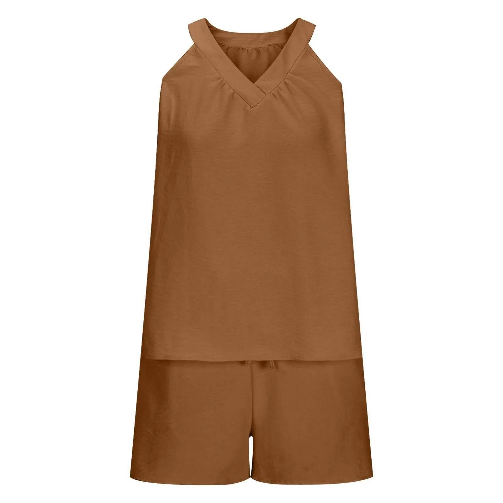 Women'S Summer Casual Suit New Urban Casual Women'S Solid Color Sleeveless Vest Elastic Shorts Home Clothes Two-Piece Set - Empire P.E