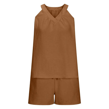 Women'S Summer Casual Suit New Urban Casual Women'S Solid Color Sleeveless Vest Elastic Shorts Home Clothes Two-Piece Set - Empire P.E