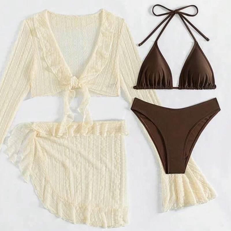 Sexy V Neck Crop Tops Match Irregular Short Skirt Beachwear Summer New Bikini 4pc Set - Empire P.E