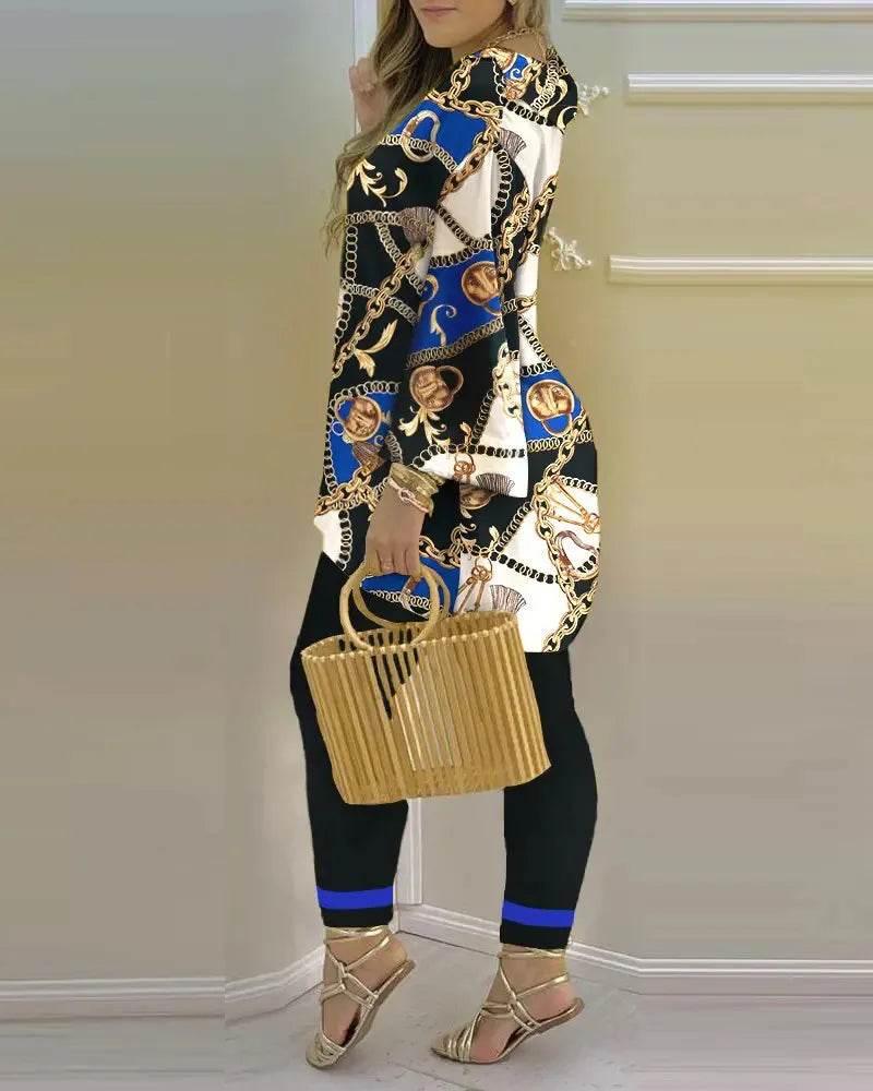 Women Print V Neck Tops Pant Sets Full Sleeve Pullover Two Piece Suit Elastic Waist Trousers Splice Shirts Autumn Regular Fit - Empire P.E