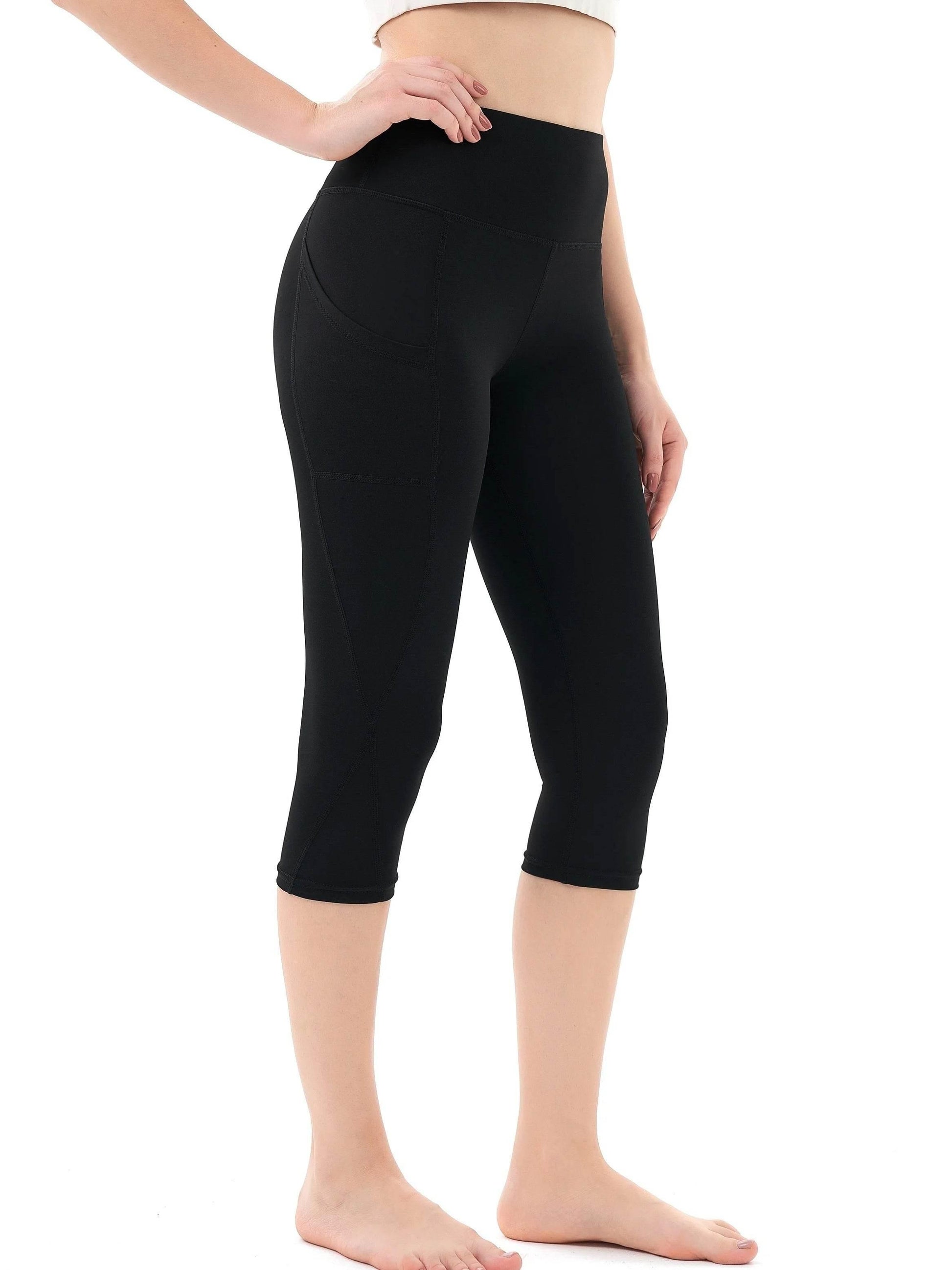 Women's Plus Size Capri Leggings With Pockets - Stretchy High Waisted Tummy Control Gym Black Color Plain Yoga Pants - Empire P.E