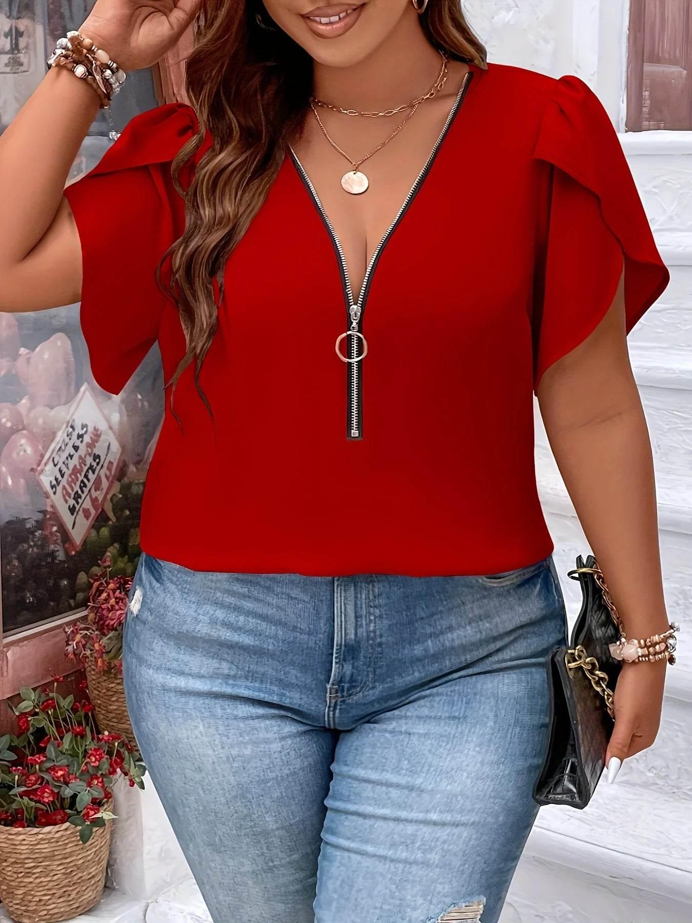 Plus Size Summer Women Elegant Zipper Chiffon Blouses Shirt Casual Office Lady Sollid Tops V Neck Female Clothing - Empire P.E