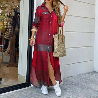 Long Sleeve Dress Plaid Robe Maxi Beach Dress - Empire P.E