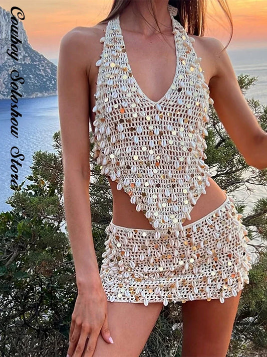 Vest Skirt Set Women Knitted Halter V-neck - Empire P.E