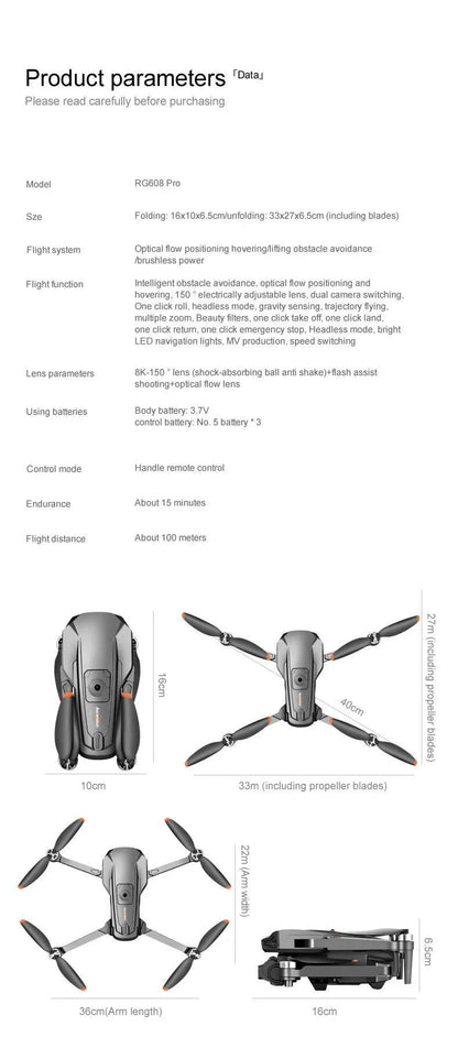 New RG608PRO Drone GPS 8K HD Camera Optical Flow Positioning Obstacle Avoidance Brushless Motor Foldable Quadcopter Drone Toys - Empire P.E
