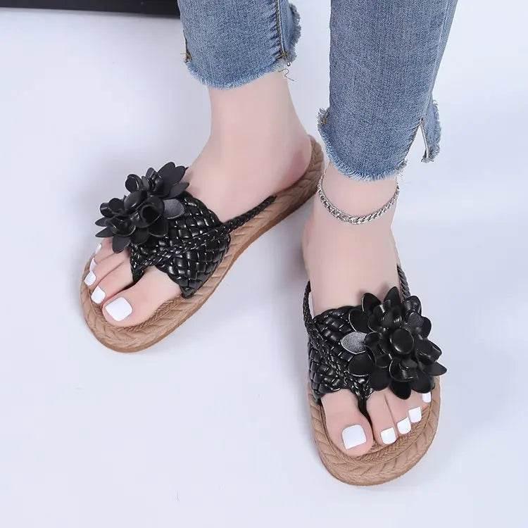 Slippers Women Ombre Floral Pattern Braided Casual Shoes Vacation Flat Holographic Braided Floral Pattern Toe Beach Flip Flops - Empire P.E