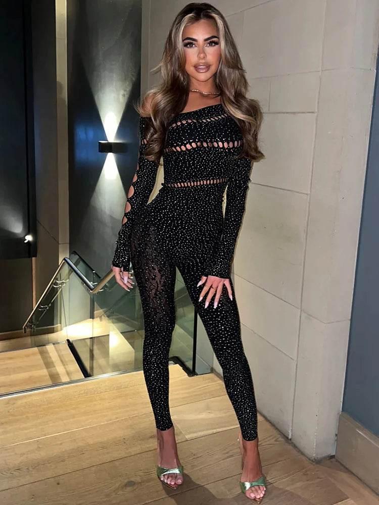 Sibybo Off Shoulder Long Sleeve Jumpsuits Women Fashion Rhinestones High Stretch Hollow Out Sexy Overalls Sparkly Party Rompers - Empire P.E
