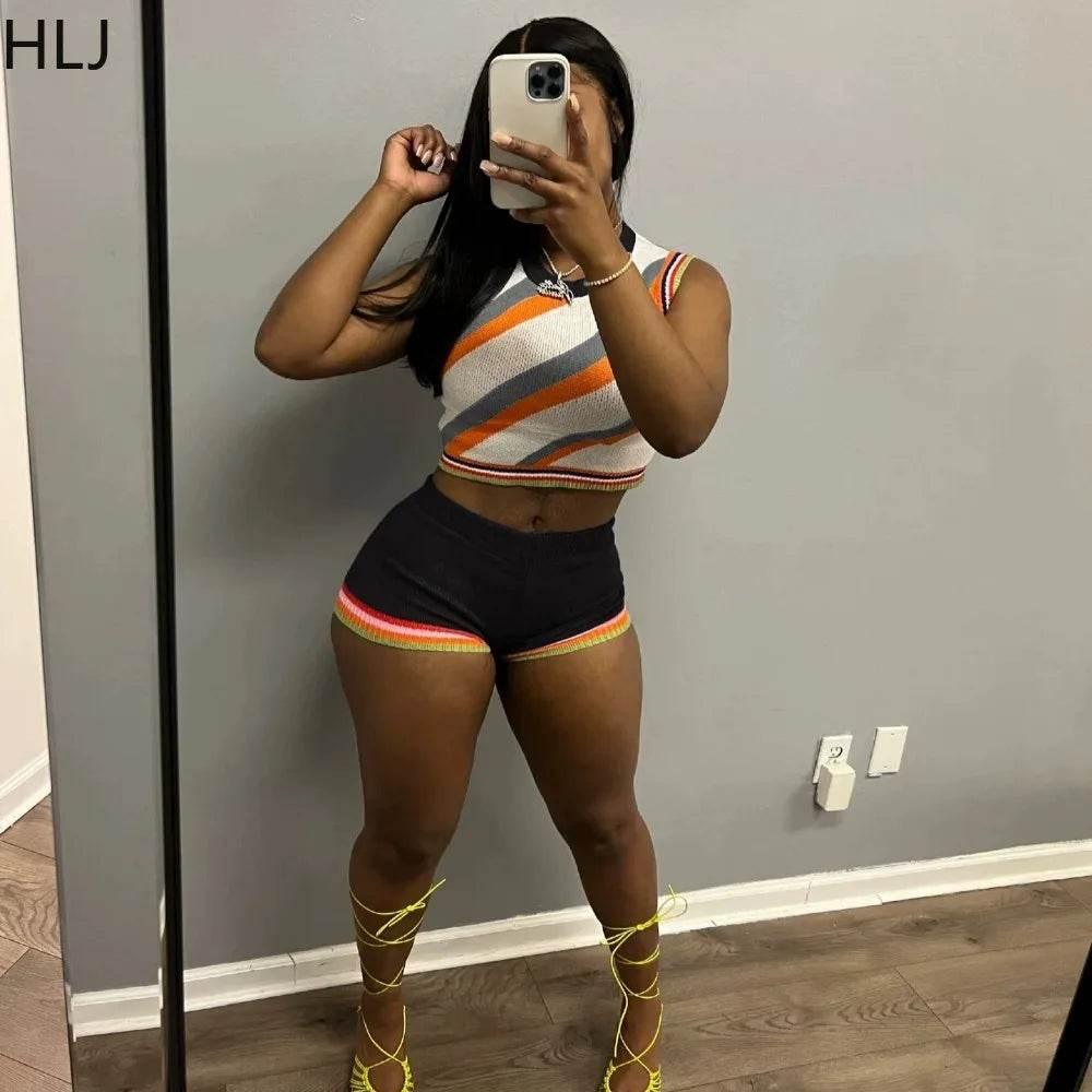 HLJ Fashion Knitted Striped 2 Piece Sets Woman Outfit Slim O-neck Crop Top + Shorts Casual Crochet Tracksuits Female Clothing - Empire P.E