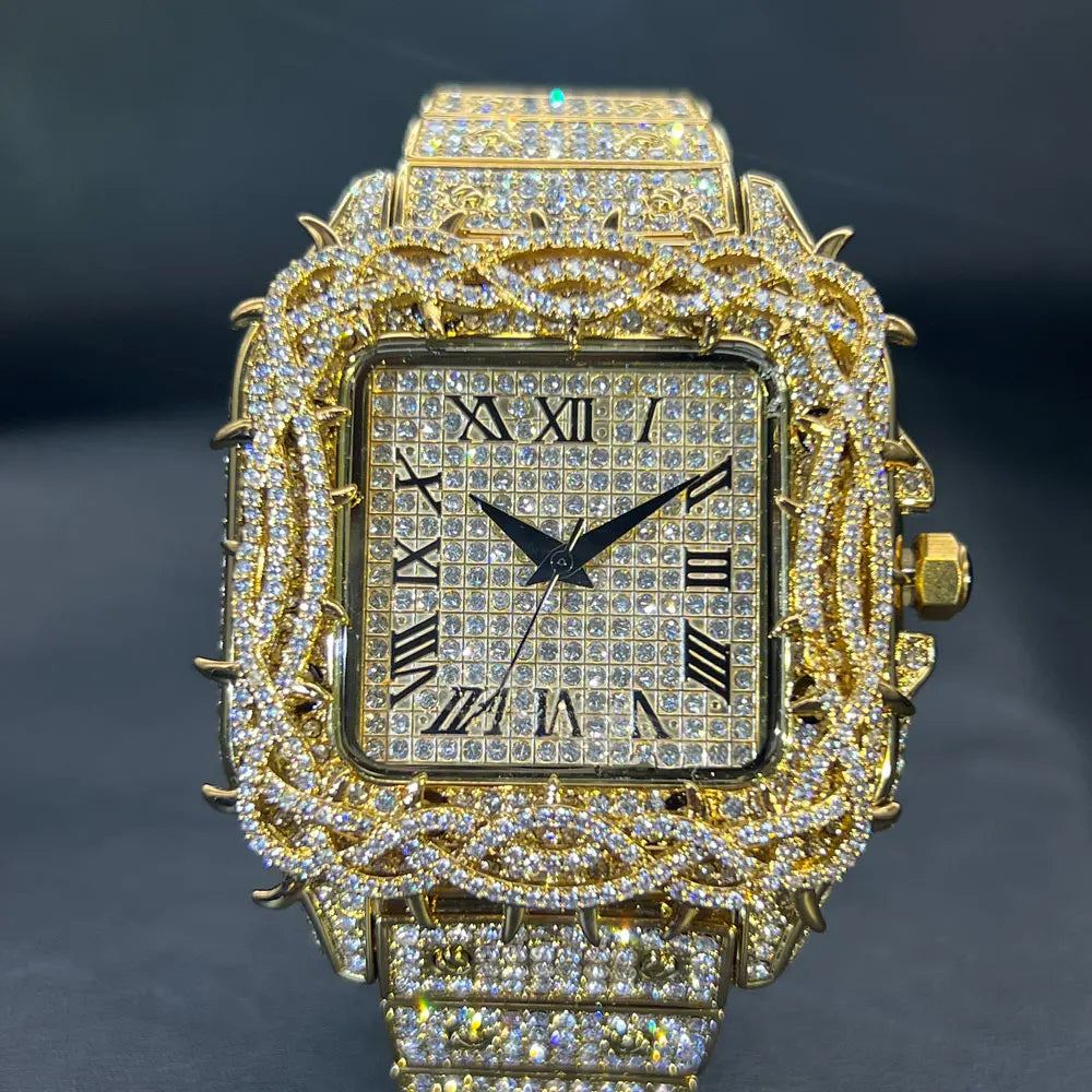 Men's Fashion Luxury Gold Square Diamond  Watches