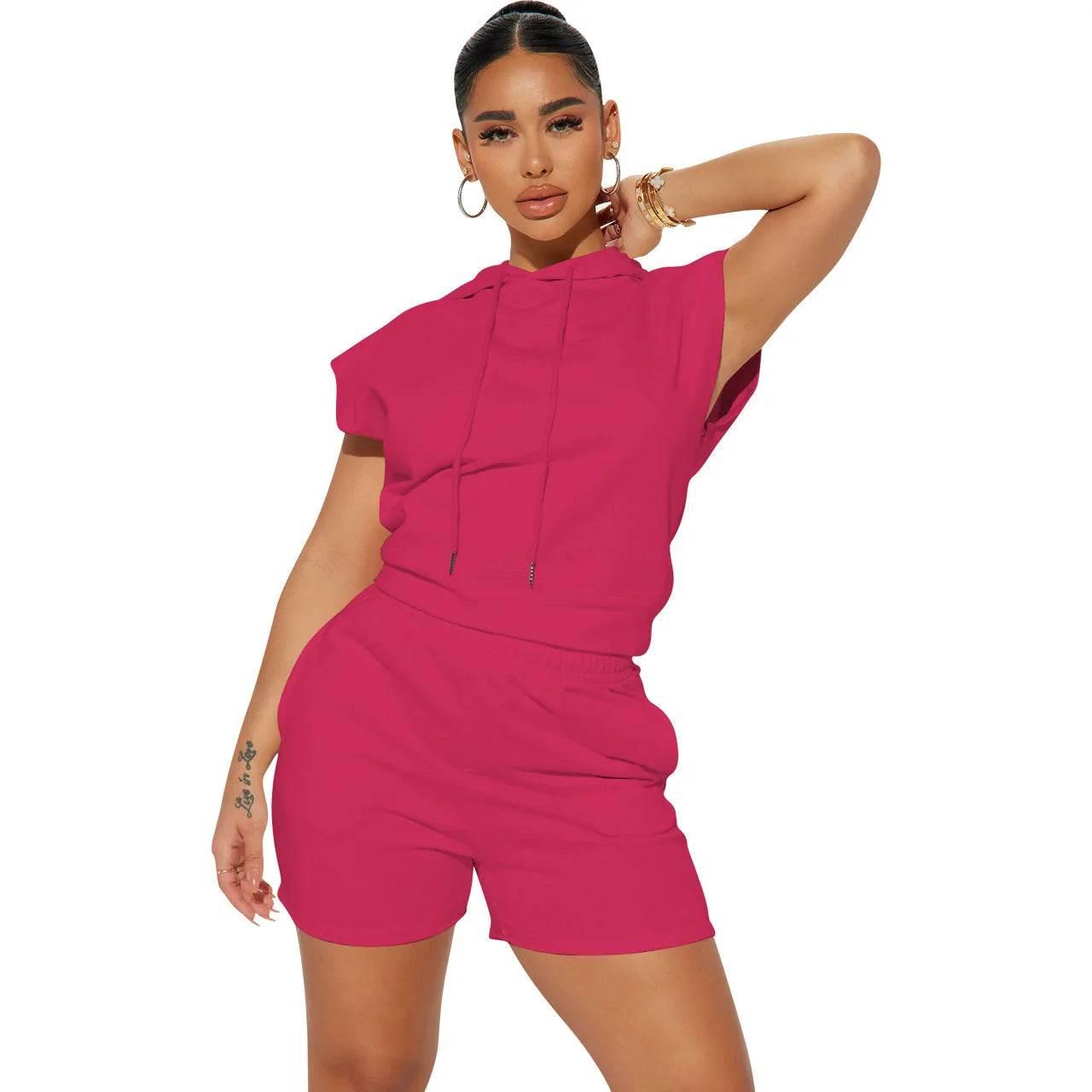 Summer 2024 Women's New Sexy Sleeveless Fashion Casual Sports Short Sleeved Hooded 3/4 Shorts Two Piece Set For Women - Empire P.E