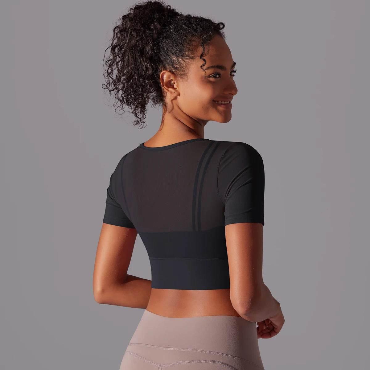 Solid Color Yoga Short Sleeve Sexy Double Layer Yoga Tank Top Spliced Mesh Yoga Clothing Top Fitness Running Sports Bra Women - Empire P.E