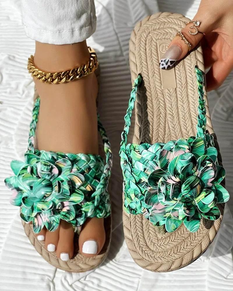 Slippers Women Ombre Floral Pattern Braided Casual Shoes Vacation Flat Holographic Braided Floral Pattern Toe Beach Flip Flops - Empire P.E