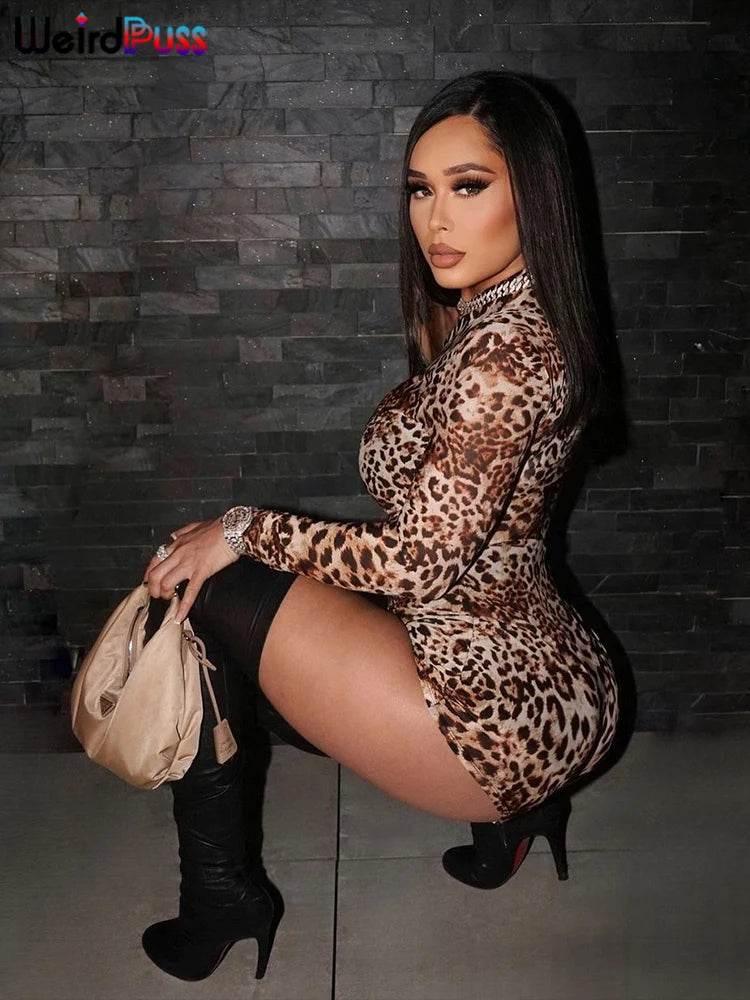Weird Puss Leopard Print Romper Women 2024 Autumn Trend Hipster Long Sleeve O-Neck Skinny Stretch Streetwear Sexy Playsuits - Empire P.E