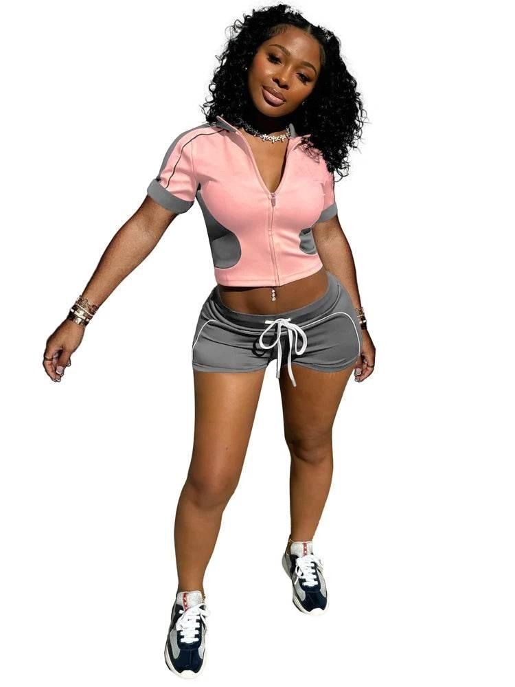 Women Sets Outfit Summer Streetwear Panelled Two Tone Slim Sports Short Sleeve Shorts Suits Zip Crop Tops Casual 2 Two Piece Set - Empire P.E
