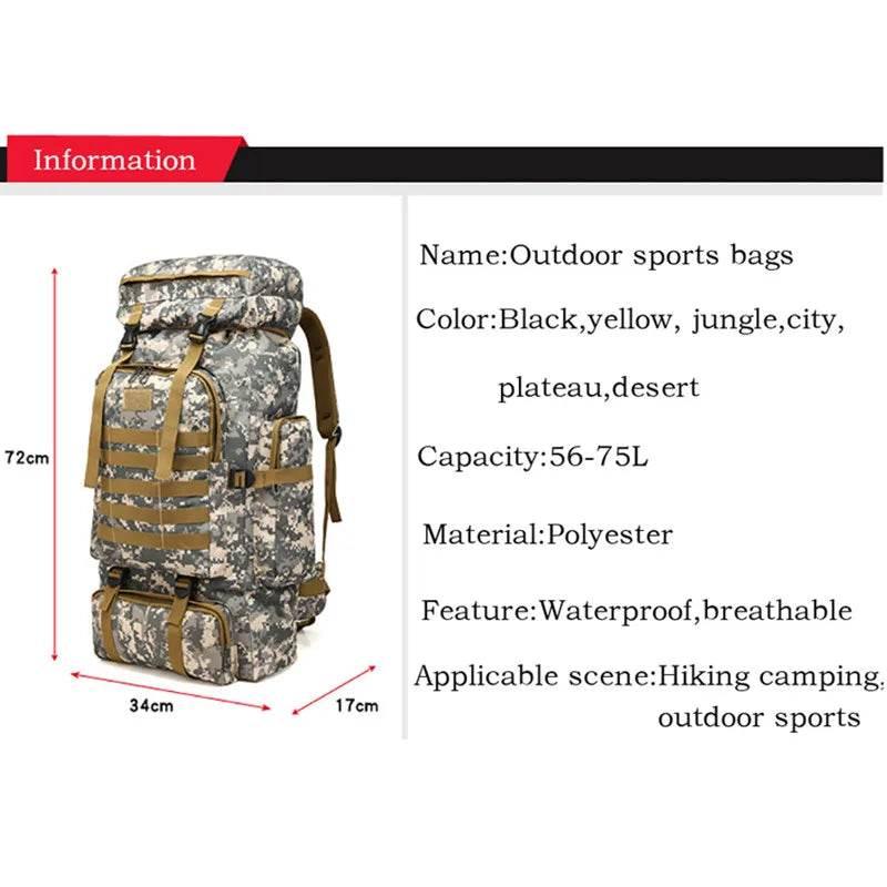 80L Waterproof Molle Camo Tactical Backpack Military Army Hiking Camping Backpack Travel Rucksack Outdoor Sports Climbing Bag - Empire P.E