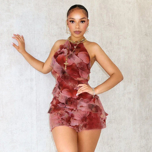 Floral Printing Ruffles Mini Dress - Empire P.E