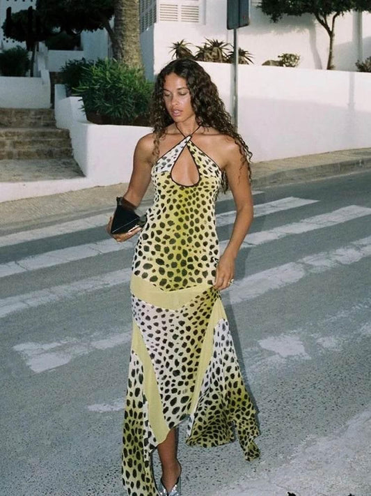 kliou Point Print Irregularly Maxi Dress Women Cross Halter Bandage Hollow Backless Fashion Vestidos Female Evening Party Wear - Empire P.E