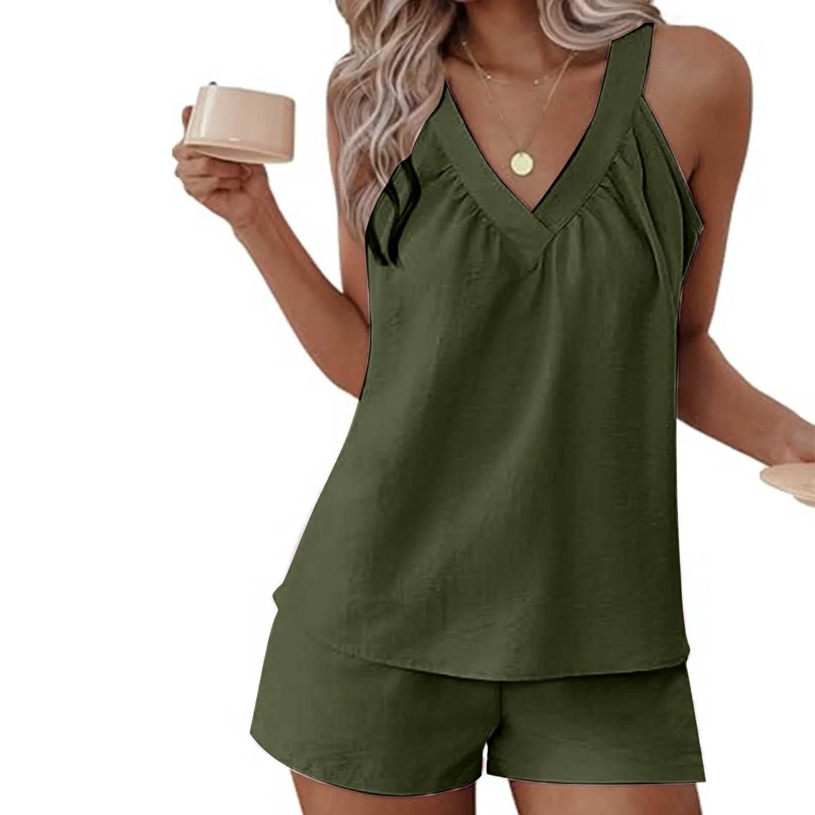 Women'S Summer Casual Suit New Urban Casual Women'S Solid Color Sleeveless Vest Elastic Shorts Home Clothes Two-Piece Set - Empire P.E