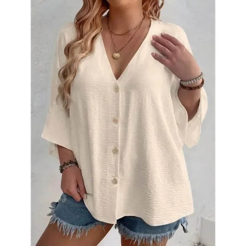 Women's Plus-size T-shirt Solid Color Breathable Spring/summer V-neck Button Travel Casual Wear with European and American Style - Empire P.E