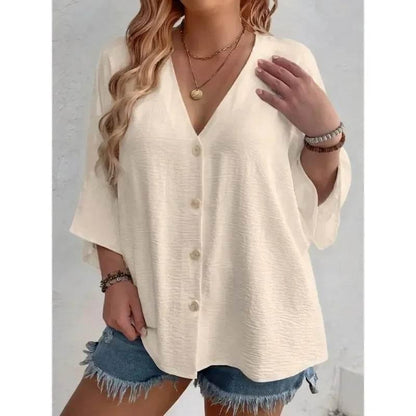 Women's Plus-size T-shirt Solid Color Breathable Spring/summer V-neck Button Travel Casual Wear with European and American Style - Empire P.E