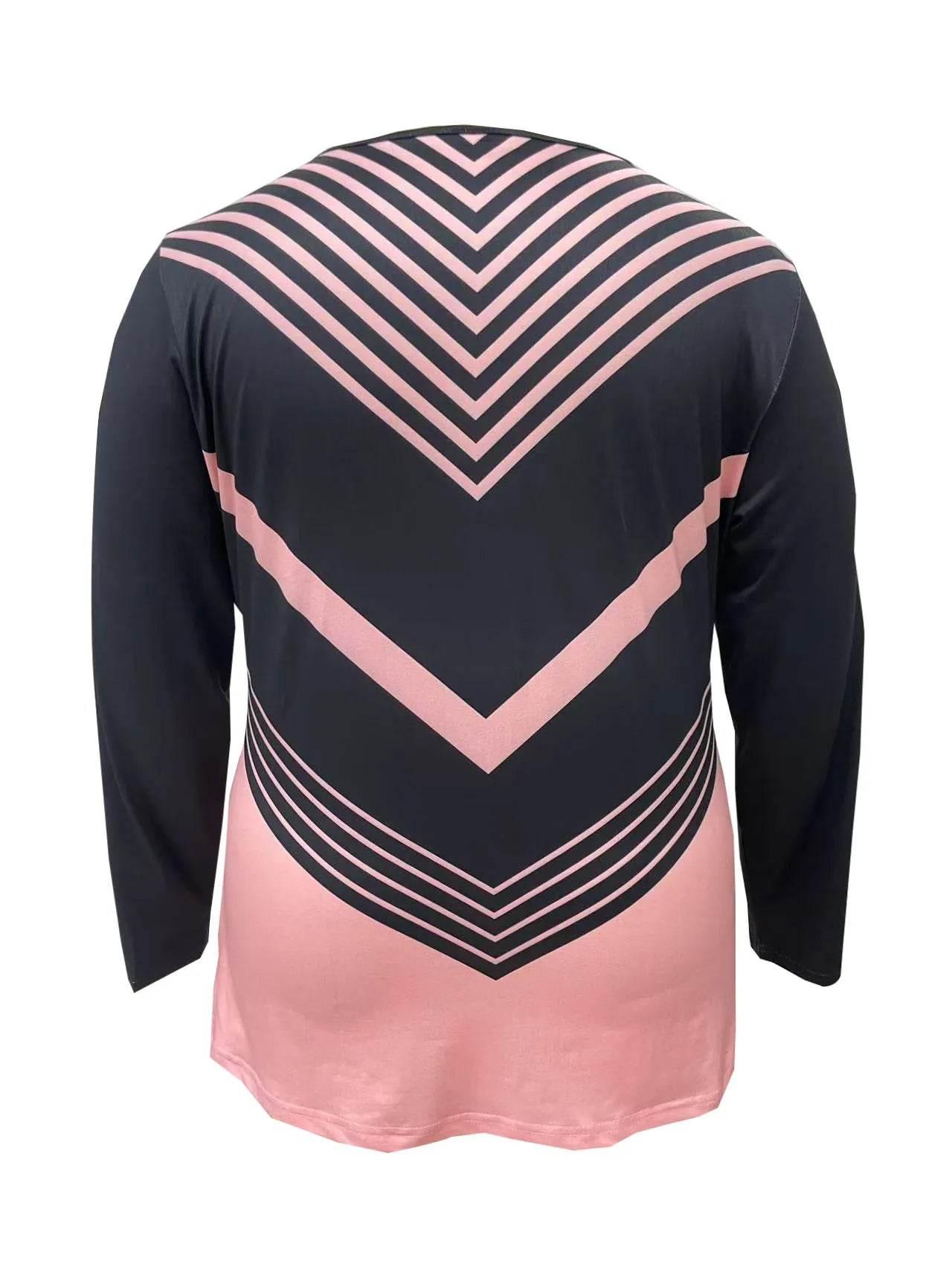Women's Plus Size Fashion T-Shirt - Stylish Geometric Print V-Neck Long Sleeve Casual Top in Black and Pink - Empire P.E