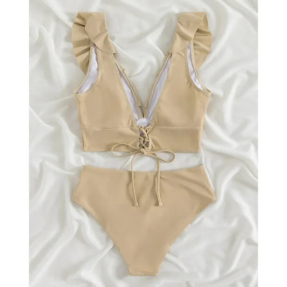 Riseado High Waist Bikinis Set Ruffle Shoulder Sexy Plunging Swimwear Women Bathing Suit Summer Beachwear - Empire P.E
