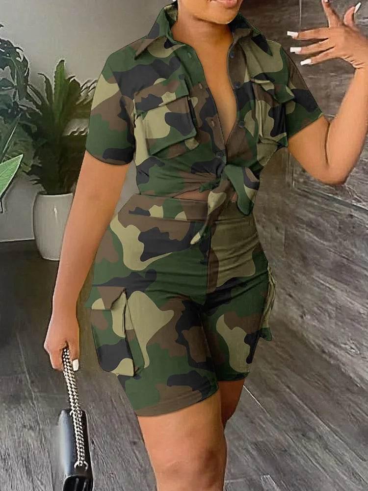 Pant Sets Women Printed Short Sleeved Shirt, 2-piece Suit With Pockets, Shoelace Top, Shorts, Thin Handbag, Summer - Empire P.E