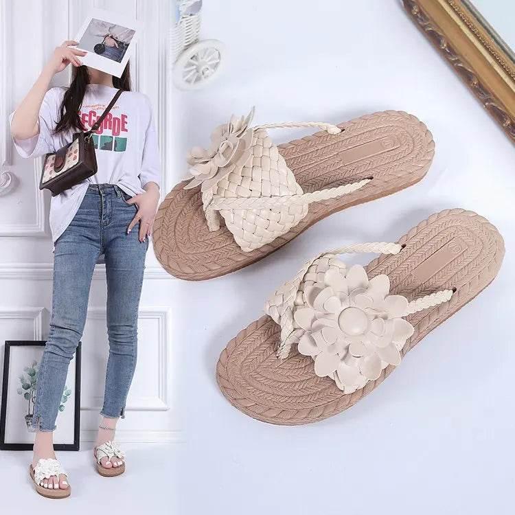 Slippers Women Ombre Floral Pattern Braided Casual Shoes Vacation Flat Holographic Braided Floral Pattern Toe Beach Flip Flops - Empire P.E